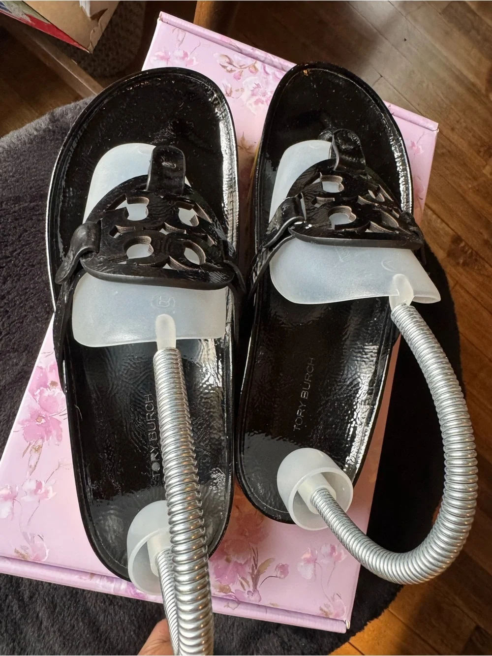 Tory Burch Miller Cloud Lug Sandal Black Patent Leather Logo Cutout platform